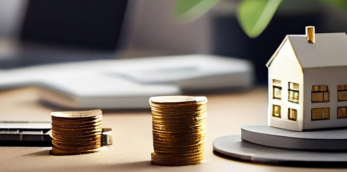 Coins on a table with miniature house