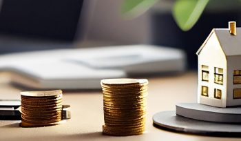 Coins on a table with miniature house