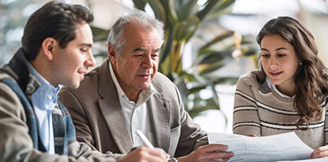 family discussing home around a table